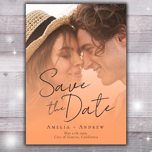 Save The Date Peach Orange Fuzz Photo Elegant Script Mariage