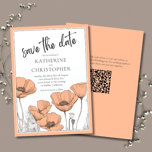 Save The Date Peach Poppies Moderne Élégant Mariage Floral