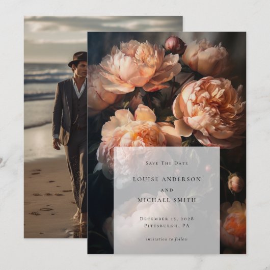 Save The Date Peach romantique Pastel Peony Mariage floral Photo (Devant / Derrière)