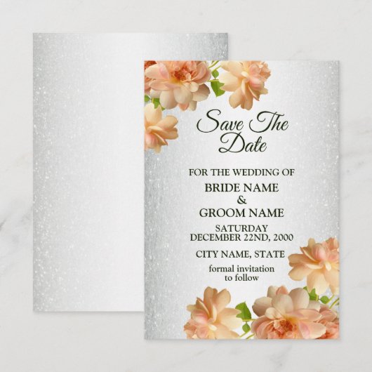 Save The Date Peach Roses Floral Silver Glitter Elegant Wedding (Devant / Derrière)