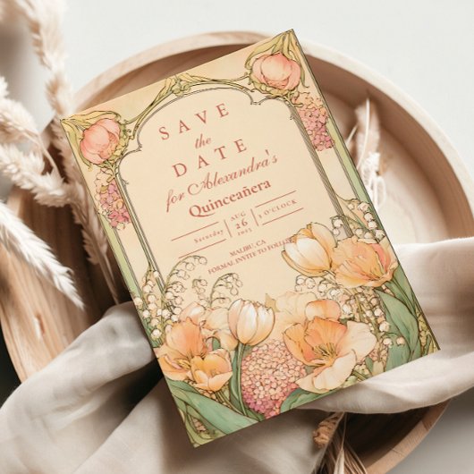 Save The Date Peach Tulip Quinceañera Celebration