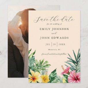 Save The Date Peach Watercolor Mariage photo floral tropical