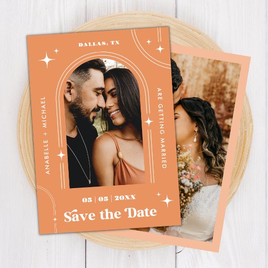 Save The Date Peachy Apricot Boho Arch Retro Script 2 Photo les