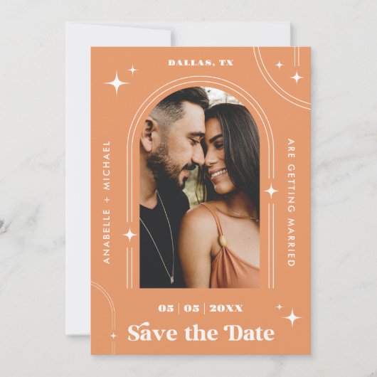 Save The Date Peachy Apricot Boho Arch Retro Script 2 Photo les  (Devant)