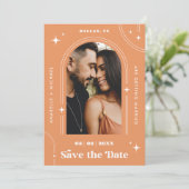 Save The Date Peachy Apricot Boho Arch Retro Script 2 Photo les  (Debout devant)