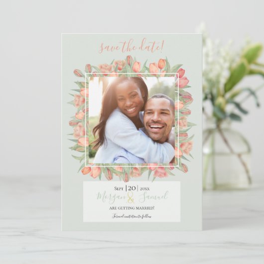 Save The Date Peachy Pink & Mint Spring Tulips Enregistrer La Da (Debout devant)