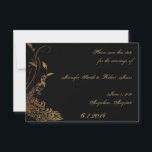 Save The Date Peacock Art Déco de bronze et Floral Enregistrer l<br><div class="desc">Ce magnifique et élégant design, appelé Peacock Art Déco Bronze et Mariage Floral, a un arrière - plan noir. Un cadre art déco aux accents floraux se trouve sur la gauche, tout en bronze. Un paon stylisé avec ses belles plumes de queue - encore en bronze contre le noir -...</div>