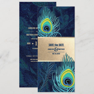 Save the date. Peacock Feather Navy Blue Gold Kaart