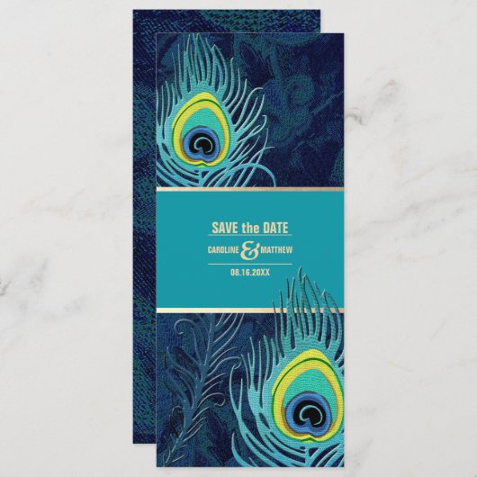 Save the date. Peacock Navy Blue Gold Wedding Kaart (Voorkant / Achterkant)