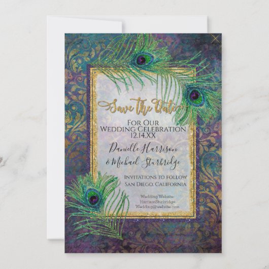 Save The Date Peacock Parties scintillant de plumes violet photo (Dos)