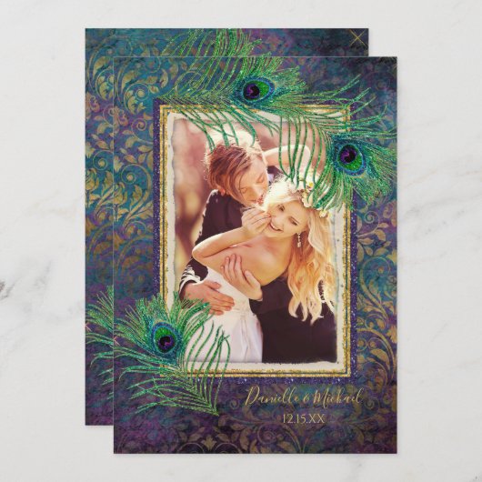Save The Date Peacock Parties scintillant de plumes violet photo (Devant / Derrière)