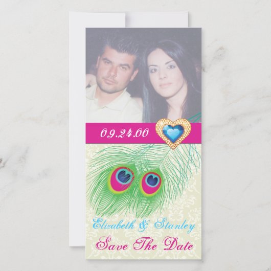 Save The Date Peacock plumes bijou coeur mariage Enregistrer la (Devant)