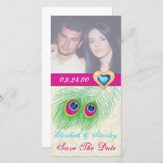 Save The Date Peacock plumes bijou coeur mariage Enregistrer la (Devant / Derrière)