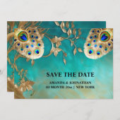 Save The Date Peacock plumes nature luxueuse oiseau plumage blu (Devant / Derrière)
