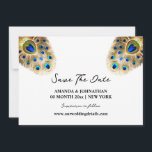 Save The Date Peacock plumes oiseau luxueux blanc or nature<br><div class="desc">Un beau design 3D avec plumes de paon irisées en bleu, vert émeraude, turquoise et or dressé contre un arrière - plan blanc foncé qui a éditable calligraphie fluide et des polices de style audacieuses sur elle qui peuvent être changés à n'importe quel libellé de votre choix. Cette illustration chic...</div>