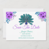 Save The Date Peacock vert et bleu | Fleurs d'aquarelle violette (Devant)