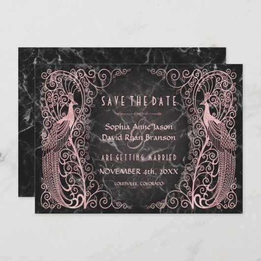 Save The Date Peacocks Art Déco En Marbre D'Or rose Enregistrer  (Devant / Derrière)