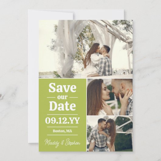 Save The Date Pear Green Typography Photo Collage Enregistrer La (Devant)
