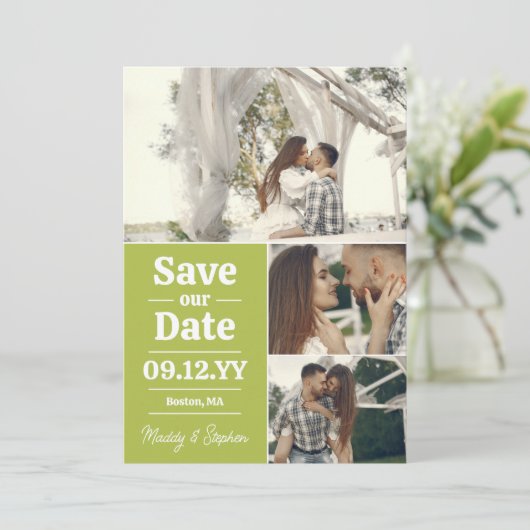 Save The Date Pear Green Typography Photo Collage Enregistrer La (Debout devant)