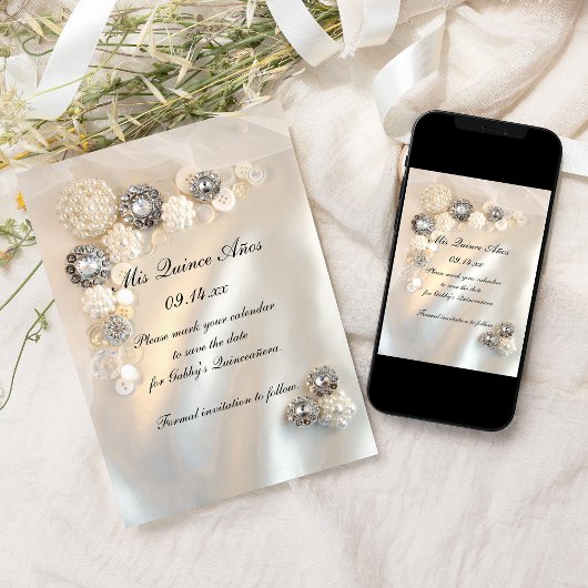 Save The Date Pearl Diamond Buttons Quinceañera Enregistrer la d