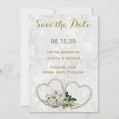 Save The Date Pearl Hearts & Flower Mariage damassé Enregistrer  (Devant)