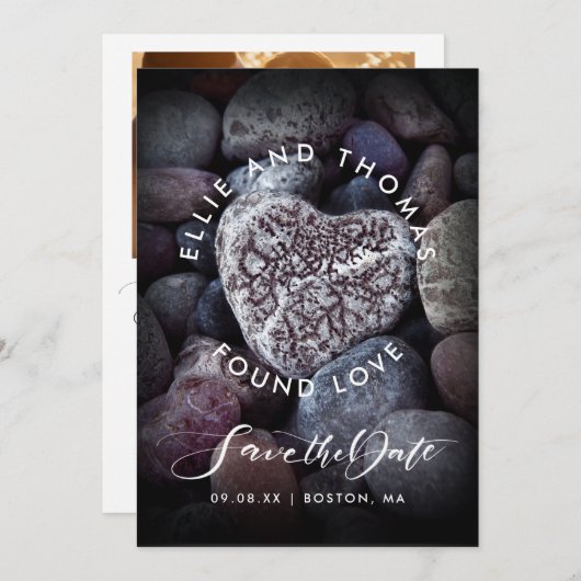 Save The Date Pebble Heart Trouvé Amour Mariage photo (Devant / Derrière)