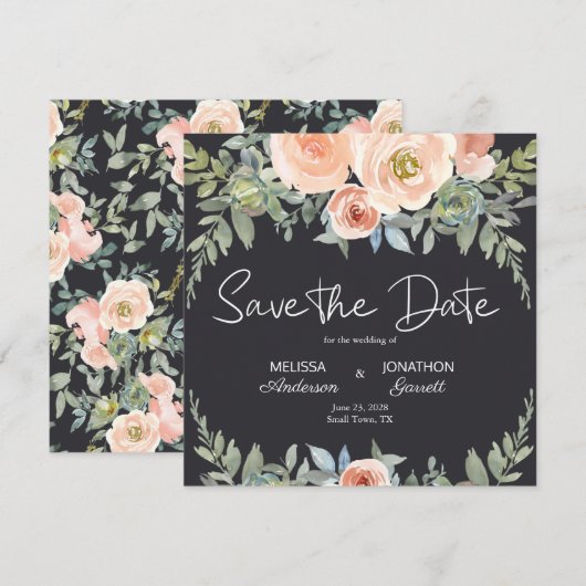 Save The Date Pêche Green Navy Pastel Floral Élégant (Devant / Derrière)
