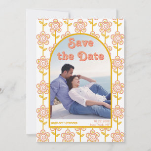 Save The Date Pêche groovy, photo inspirée des fleurs jaunes des