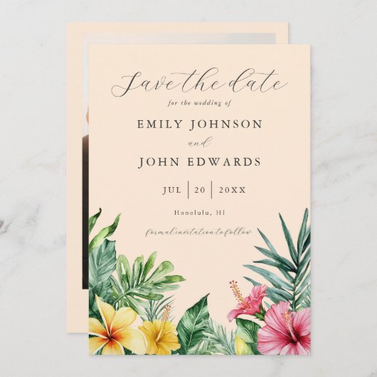 Save The Date Pêcher les fleurs tropicales Verdure Mariage photo (Devant / Derrière)