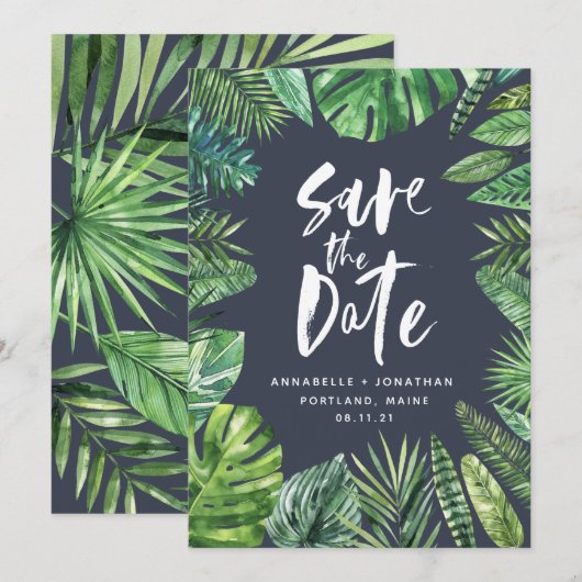 Save The Date Pellicule de feuille de palme tropicale aquarelle (Devant / Derrière)