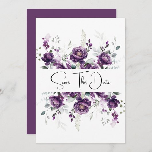 Save The Date Peonies de prune violette foncée Sauvez la date (Devant / Derrière)