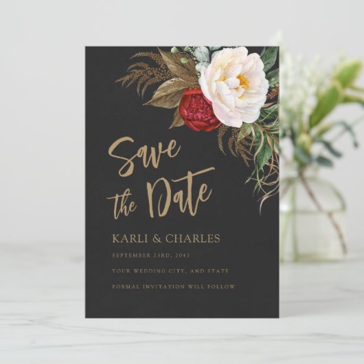 Save The Date Peonies romantiques Boho noir & or Script (Debout devant)
