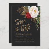 Save The Date Peonies romantiques Boho noir & or Script (Devant / Derrière)