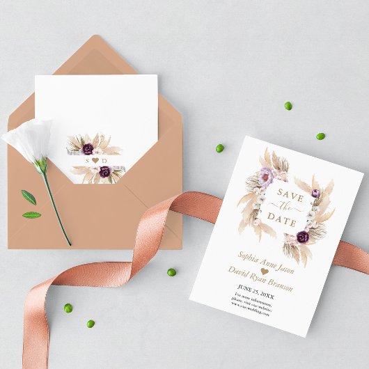 Save The Date Peonies violettes Orchidée blanche Pampas Mariage