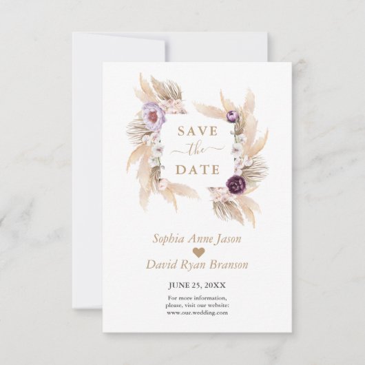 Save The Date Peonies violettes Orchidée blanche Pampas Mariage  (Devant)