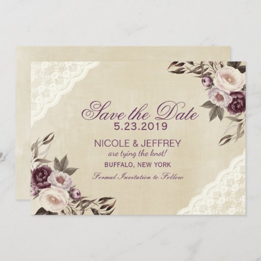 Save The Date Peonies violettes profondes Mariage floral Enregis (Devant / Derrière)