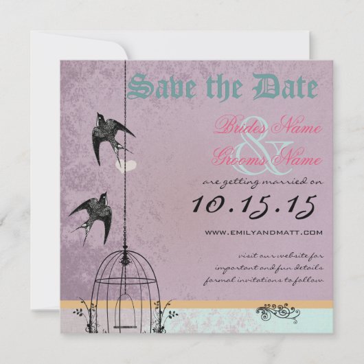 Save The Date Perfect Plum Damask Bird Cage Enregistrer la date (Devant)