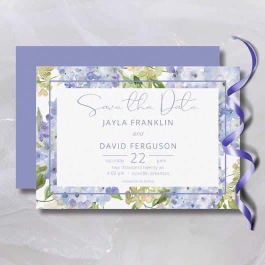 Save The Date Périwinkle bleu blanc Hydrangea Mariage