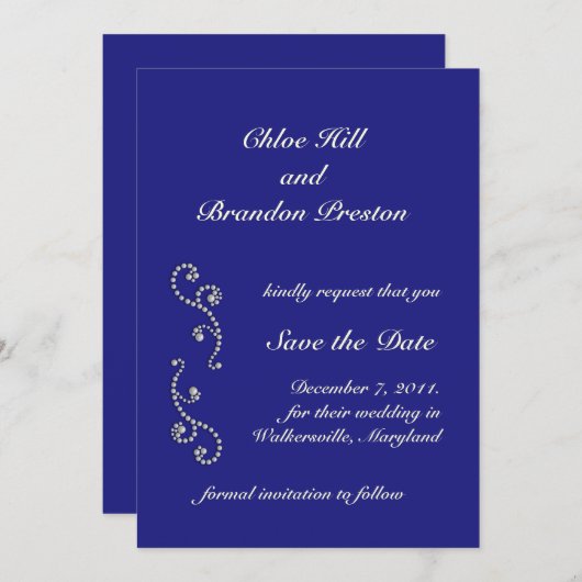 Save The Date Perles, blanc cassé et bleu saphir Enregistrer la  (Devant / Derrière)