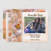 Save The Date Perles de coeur, Roses orange, papillons (Devant / Derrière)