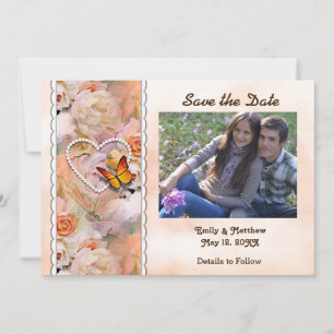 Save The Date Perles de coeur, Roses orange, papillons