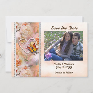 Save The Date Perles de coeur, Roses orange, papillons