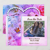 Save The Date Perles de coeur, Roses roses roses, Papillons (Devant / Derrière)