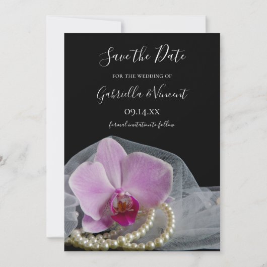Save The Date Perles d'orchidée rose sur mariage noir Enregistre (Devant)