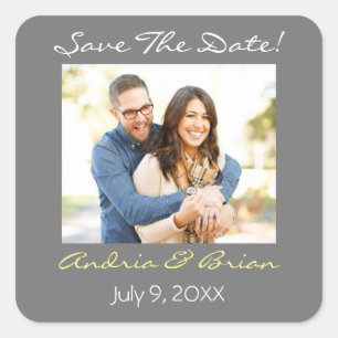 Save The Date/ Personaliseer Foto/Grijs Wit Geel Vierkante Sticker
