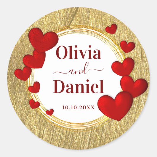 Save the Date, Personalized Wedding Red Hearts Ronde Sticker (Voorkant)