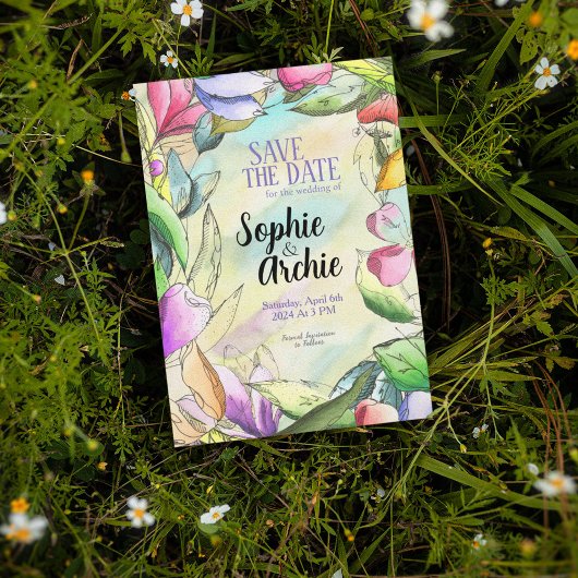 Save The Date Personnaliser l'aquarelle avec fleurs en relief