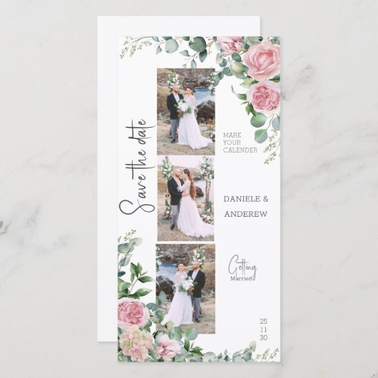 Save The Date Pétales Chics Rose Rose Eucalyptus Bande Photo (Devant / Derrière)