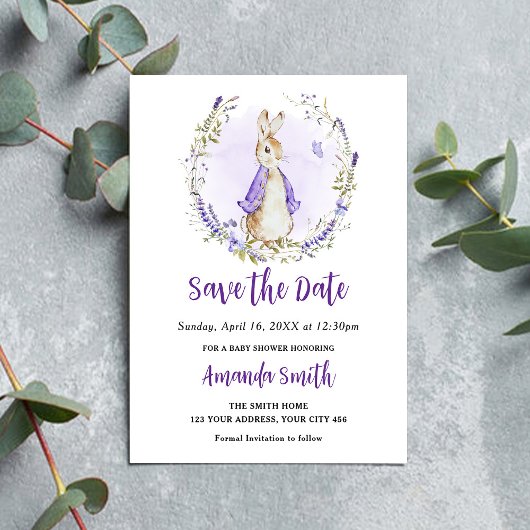 Save The Date Peter Rabbit Baby shower violet
