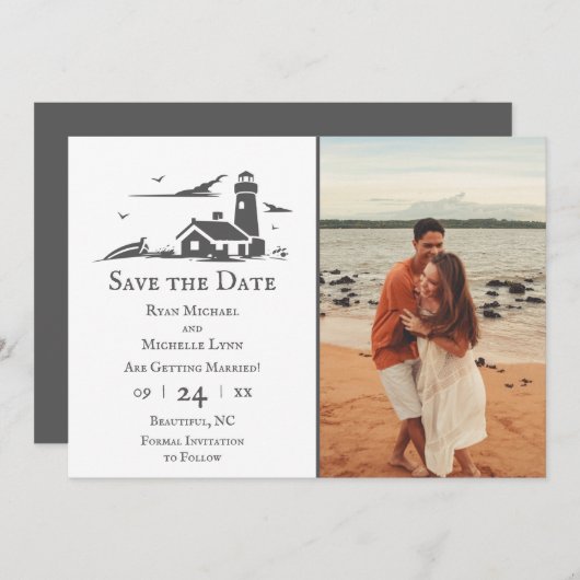Save The Date Phare et bateau Nautique Plage de mer Mariage (Devant / Derrière)